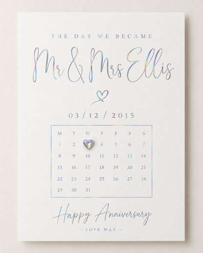 Personalised special date A4 print in holographic silver foil with heart gemstone