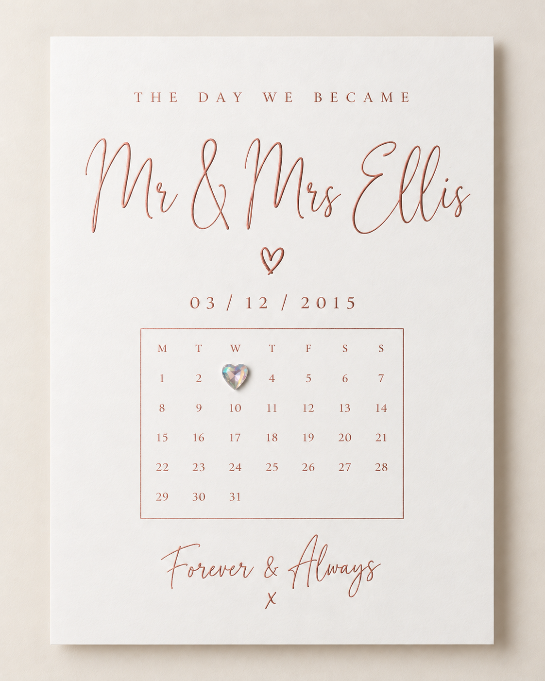 Personalised special date A4 print in rose gold foil with heart gemstone
