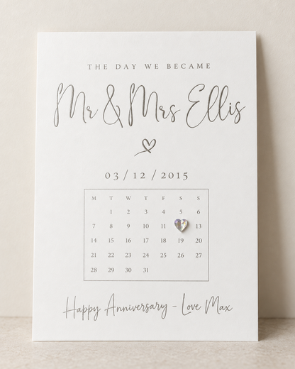 Personalised special date A4 print in silver foil with heart gemstone