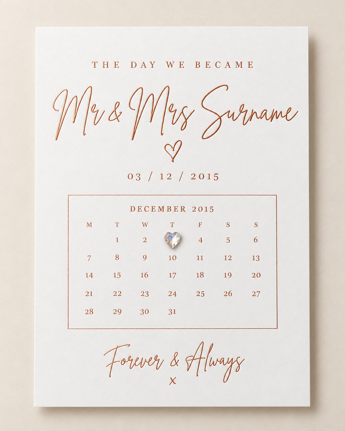 Mr and Mrs personalised special date print in rose gold foil with heart gemstone