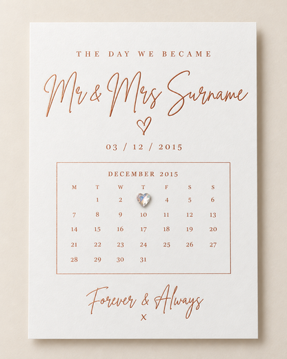Mr and Mrs personalised special date print in rose gold foil with heart gemstone