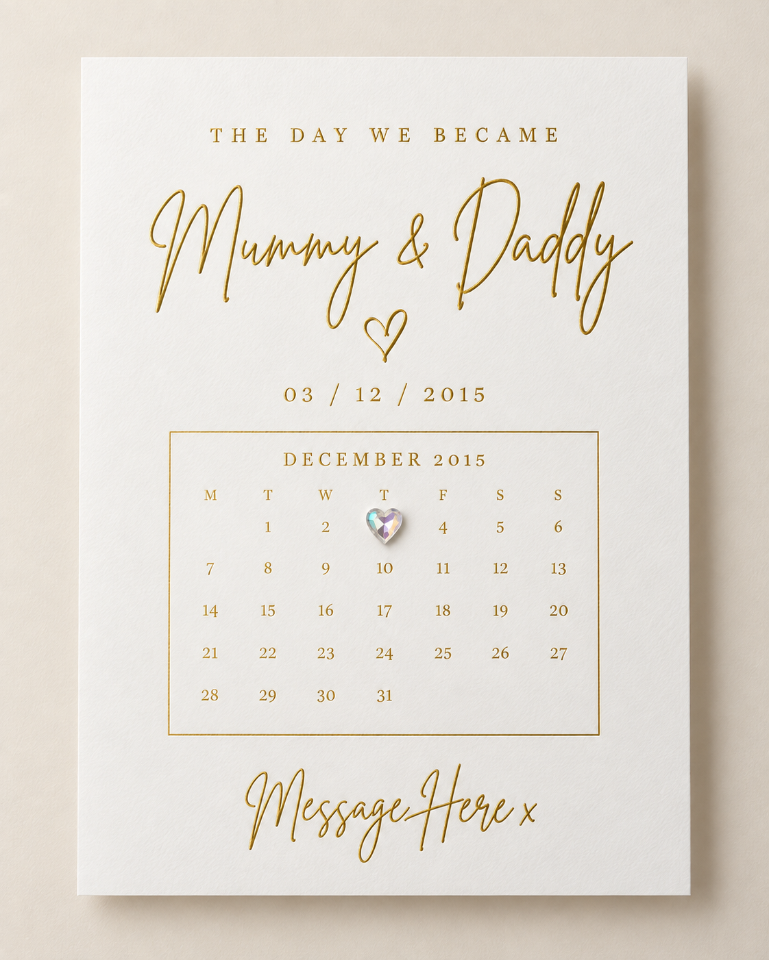 Mummy and Daddy personalised special date print in gold foil with heart gemstone