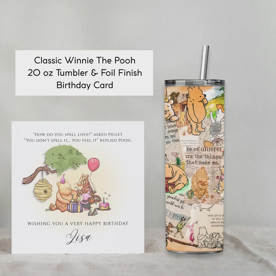 Personalised Winnie the Pooh Gift Set, Matching Tumbler & Foil Birthday Card, 20oz Skinny Cup