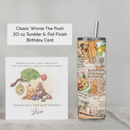 Personalised Winnie the Pooh Gift Set, Matching Tumbler & Foil Birthday Card, 20oz Skinny Cup
