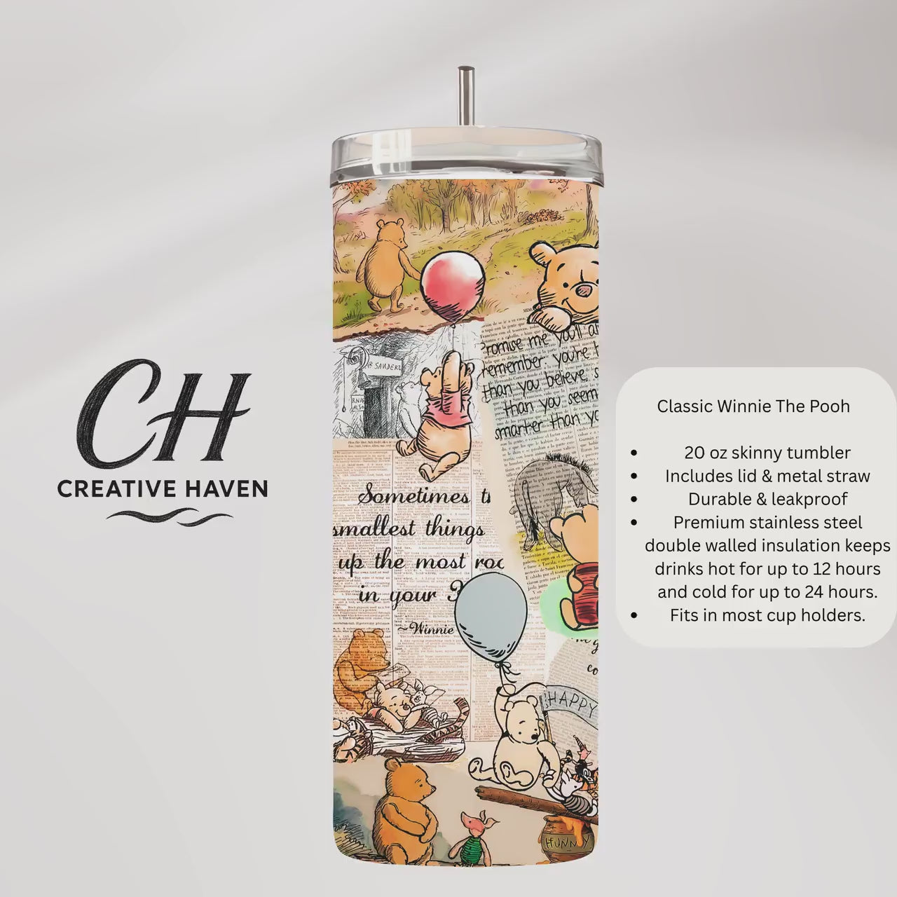 Classic Winnie The Pooh Tumbler 20oz | Pooh Bear Gift Cup | Cute Nostalgic Gift Idea | With Lid & Straw