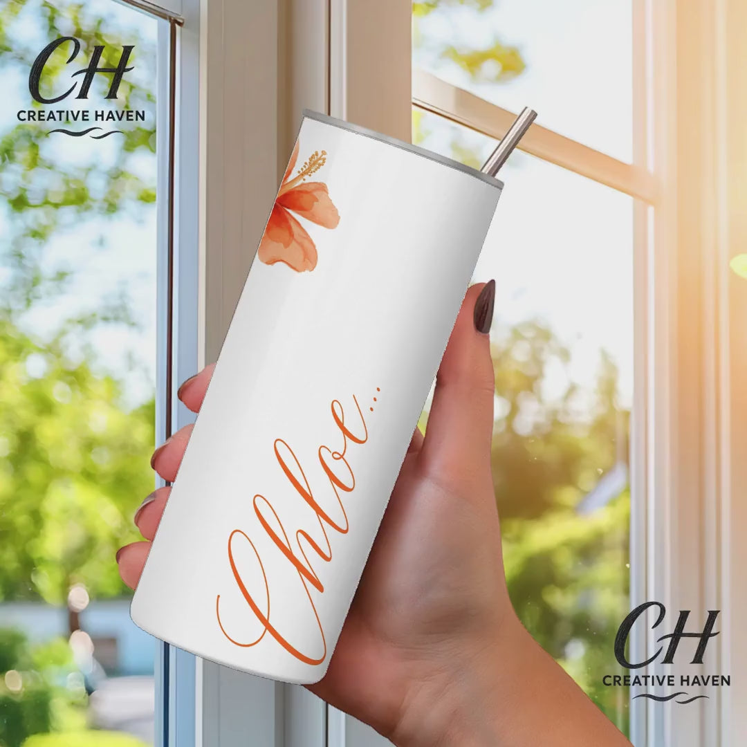 Personalised Name Tumbler 20oz | Floral Hibiscus Cup with Straw & Lid | Custom Colour Skinny Tumbler | Gift for Her | Summer Drink Cup