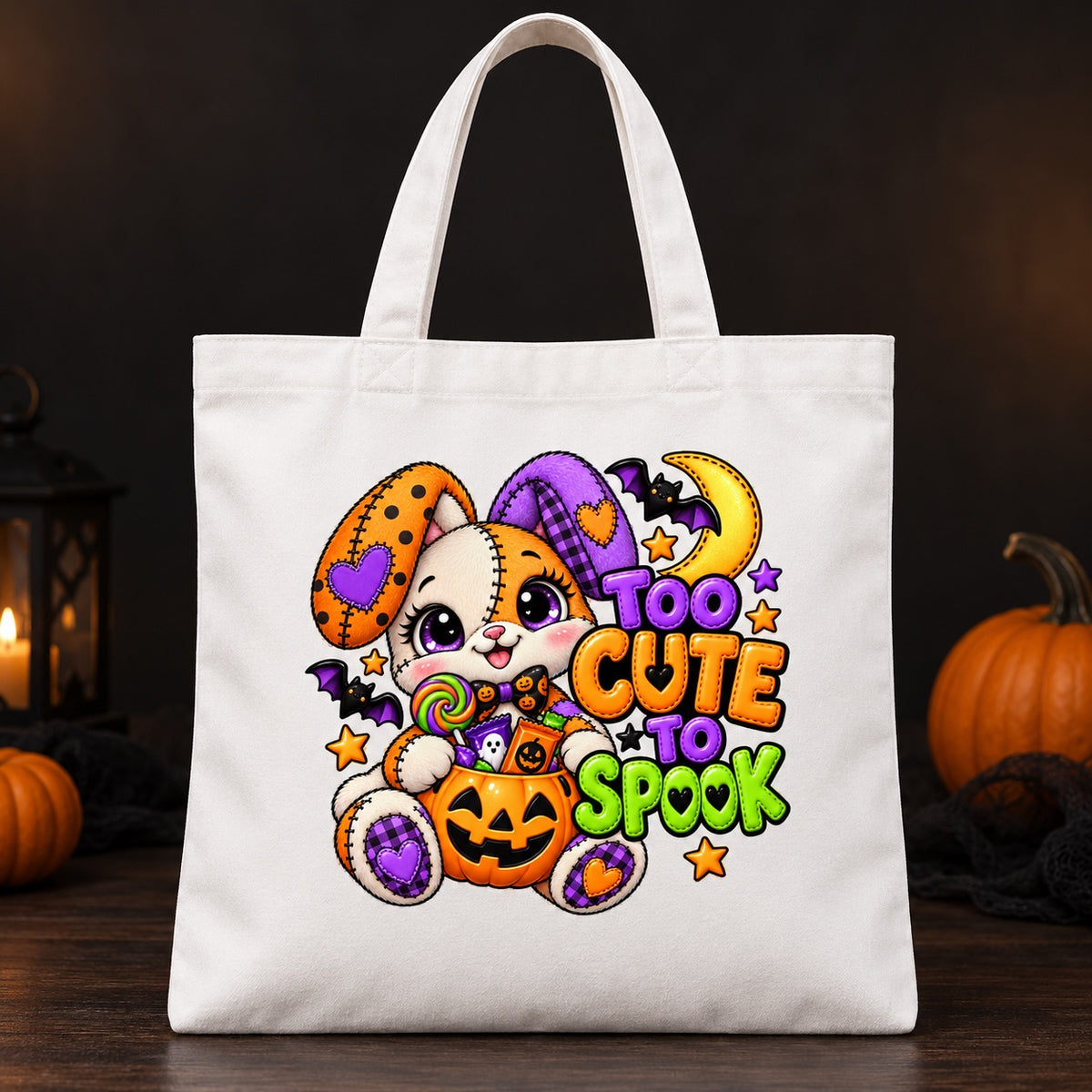 Too Cute to Spook Halloween trick or treat bag on white canvas tote