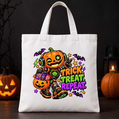 Trick Treat Repeat Halloween trick or treat bag on white canvas tote